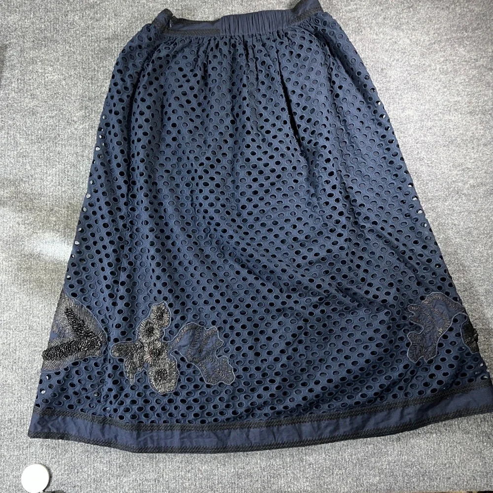 Marie Oliver Navy Floral Embroidered Maxi Skirt Metallic Applique Statement - Picture 9 of 12